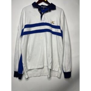 Vintage Polo Sport Long Sleeve Rugby Shirt Size XL Stains Flag White‎ Blue